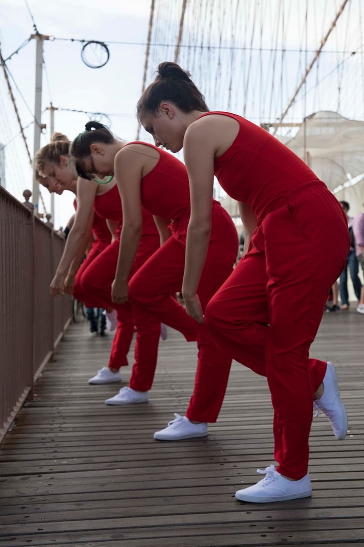 While crossing the Brooklyn Bridge, Rick Moody encountered dancers Kristin Swiat, Giovanna Gamna, Lydia Chrisman, Maya Orchin, Jessica Myers, and Annie Saeugling performing choreography by Jen Harmon for 'When I Left the House it was Still Dark' in New York City in 2013. Photograph by Ayden L.M...
