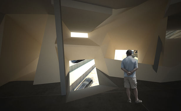  ‘Protrusion‘ spaces include the bottom floor in which large directional openings allow for framed moments of the freeway. 