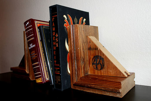 Bookends made from wood salvaged from Ray Bradbury's Cheviot Hills home by The ReUse People. Image via ReUse.