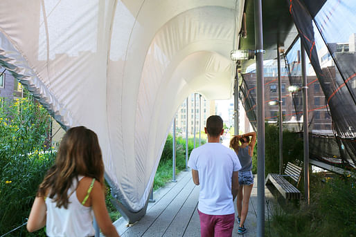 Zaha doesn't do safety canopies. Zaha does sculptural installations. Meet Allongé. (Photo: Scott Lynch; Image via curbed.com)