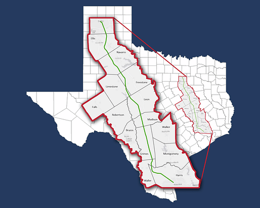 Map showing proposed route for the Texas Central bullet train. Image courtesy of Texas Central. 