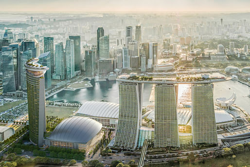 Rendering showing the new hotel tower and entertainment arena (left). Image courtesy Marina Bay Sands