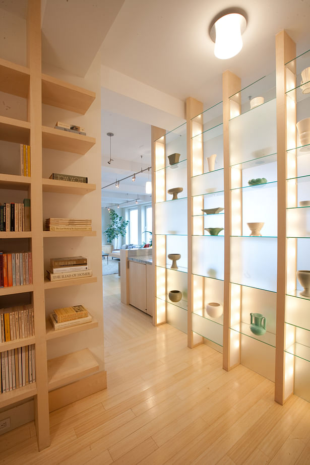 These illuminated, etched glass shelves create a bright welcome while screening the kitchen from the foyer.