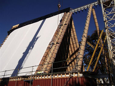 Construction of the Cardboard Cathedral's roof, made of 98 20-ft. beams encased in cardboard.