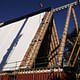 Construction of the Cardboard Cathedral's roof, made of 98 20-ft. beams encased in cardboard.