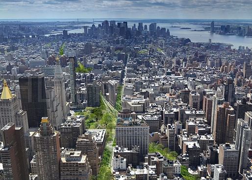 Illustration of Perkins Eastman's proposal of a 'Green Line' park cutting straight through Manhattan. (Image via citylab.com)