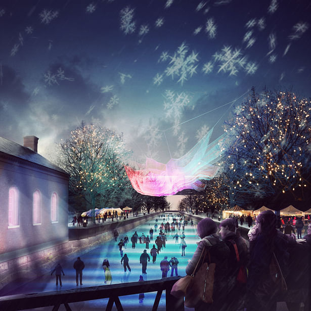 The Merrimack Canal has great four-season potential. This includes the possibility of skating on the canal, on artificial surfaces, or on nearby skating paths as seen recently on Boston’s Government Center Plaza. An illuminated gatehouse and family-friendly features will complement the City of Lowell’s lighting of the canal and other park upgrades.