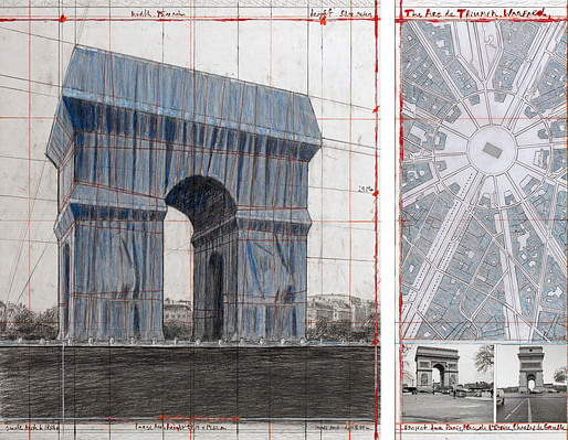 Christo, The Arc de Triumph, Wrapped, Project for Paris, Place de l'Etoile, Charles de Gaulle, Collage 2018 in two parts, 30 1/2 x 26 1/4” and 30 1/2 x 12" (77.5 x 66.7 cm and 77.5 x 30.5 cm), Pencil, charcoal, wax crayon, fabric, twine, enamel paint, photograph by Wolfgang Volz, hand-drawn map and tape, Photo: André Grossmann © 2018 Christo