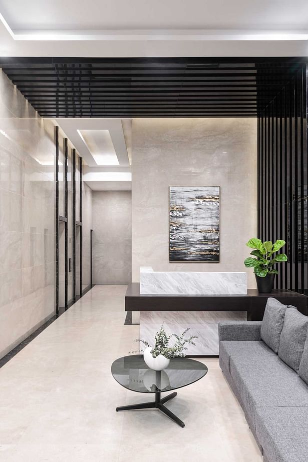Lobby design with marble walls and black glass accents 