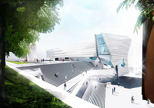 View of the grand outdoor stair joining the museum to Argyros Plaza. Image: Morphosis Architects.