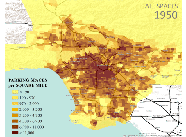 Los Angeles County has 3.3 parking spots for every car, taking up 14 percent of its land