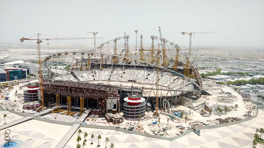 The Khalifa International Stadium in Doha during construction in June 2016. Photo courtesy of Flickr user <a href="https://www.flickr.com/photos/jbdodane/29662157586/in/photostream/">jbdodane</a> (CC BY-NC 2.0) 