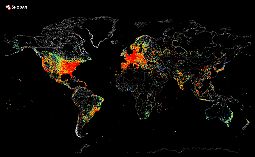 This map shows every device in the world connected to the Internet. Red means a higher concentration of devices. Credit: John Matherly