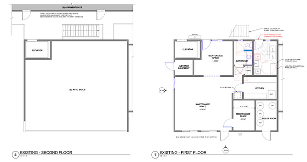 Existing plans of the maintenance and storage space that would be converted into the community center. 