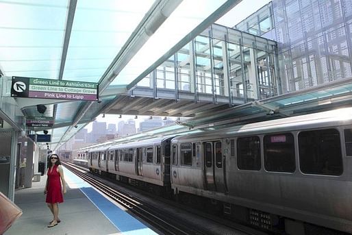 An inbound train passes under the sky bridge at the CTA's new Morgan station on the Near West Side. (Chuck Berman, Chicago Tribune / May 29, 2012) 