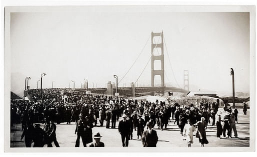 In 1933, the Standard Oil Company sent employee Ted Huggins to photograph the bridge's construction. Huggins visited the site weekly for three years and produced hundreds of photographs, which he offered to news outlets covering the project. Huggins took this picture on the bridge's opening day on May 27, 1937. (Image credit: Ted Huggins/Chevron Corporation)