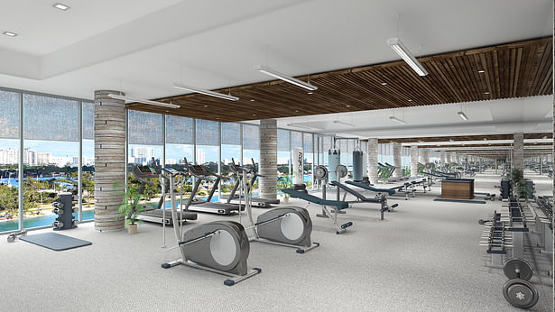 Gym & fitness area in high rise condo tower. Modern, contemporary, sleek, architecture, design. ~Eddie Seymour