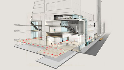 From the NY Times: "A north/south view of a rendering of MoMA looking east along Fifty-Third Street. The second-, fourth- and fifth-floor galleries will continue to form the chronological spine of exhibitions, but in expanded form. The red line on the second floor traces the expansion into the former Folk Art Museum and the Jean Nouvel building. The fourth and fifth floors contain the Studio. The second floor houses the Daylit Gallery. At street level are a gallery and the Projects Room...