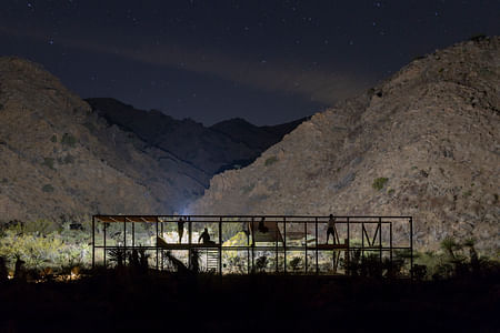 'Extent': a hyper-programmed structure sits in the subtle landscape of Morongo Valley, California. Team lead by Kyle May, Architect. Photo by Daniel Schwartz.