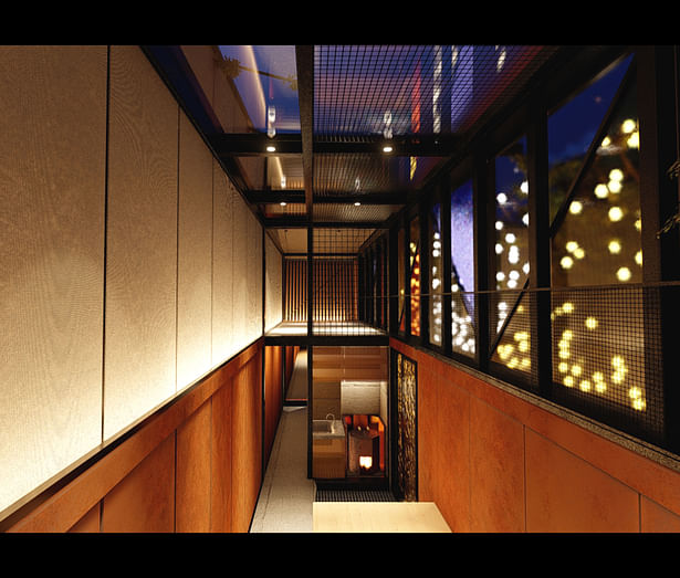 Interior night rendering. View from terrace looking towards the bedroom space. 