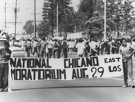 The Chicano Moratorium began as a peaceful march, but ended in a riot when Los Angeles County Sheriffs brutally disbanded a gathering following the protest. Photo by Sal Castro/Los Angeles Public Library.