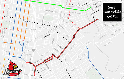 One of Louisville’s Neighborways routes, noted in red, connects the University of Louisville to the Highlands. (via brokensidewalk.com; Courtesy Bike Louisville, Montage by Broken Sidewalk)
