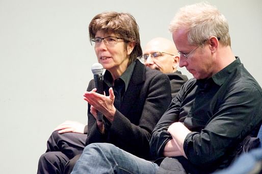 Elizabeth Diller speaking at the Columbia GSAPP. Photo courtesy of <a href=" https://commons.m.wikimedia.org/wiki/File:Elizabeth_Diller_and_Mark_Wasiuta_(8726451264).jpg "> Columbia GSAPP.</a>