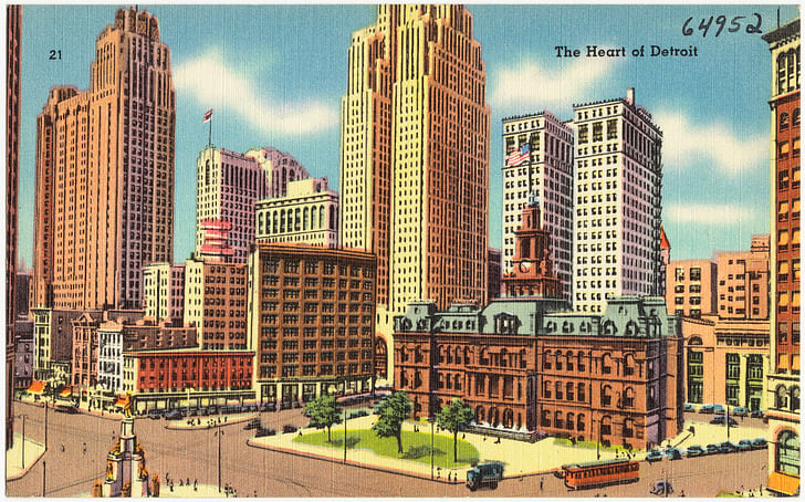 'The Heart of Detroit' postcard (Date Issued: Aprox. 1930 - 1945) From: The Tichnor Brothers Collection. Image courtesy of Boston Public Library, Print Department