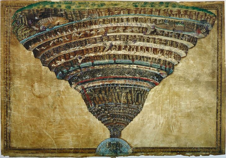 Illustration of the structure of hell according to Dante Alighieri's Divine Comedy by Sandro Botticelli (c. 1480 and 1490)