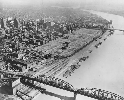 Aerial view of the St. Louis riverfront after demolition for the Jefferson National Expansion Memorial (Gateway Arch), c. 1942. (National Park Service, Gateway Arch National Park, V106-4838)