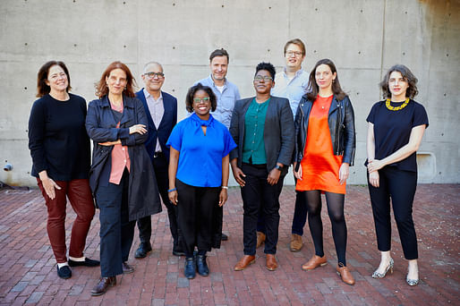 Harvard GSD's Loeb Fellowship program. Left to right: Elizabeth Kay Miller, Eleni Myrivili, Pedro Gadanho, Michelle Joan Wilkinson, Wolfgang Rieder, De Nichols, Andrew Salzberg, Paloma Strelitz, and Deborah Helaine Morris. Image © Harvard GSD