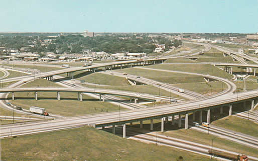 Historical postcard showing Interstates 20, 75, and 85 in Atlanta. Image courtesy of Flickr user Brandon Bartoszek.