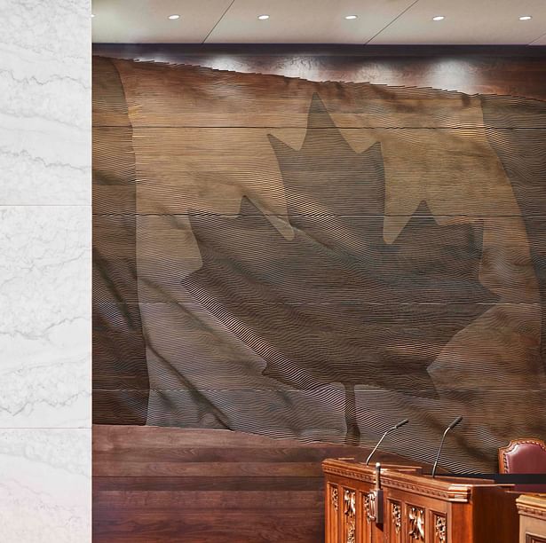 Detail of CNC-wood-cut Canada flag in the Senate Chamber doublespace photography