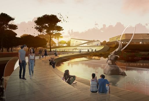 WEISS/MANFREDI conceptual approach features a bridge across the Lake Pit at La Brea Tar Pits. Rendering courtesy of WEISS/MANFREDI.