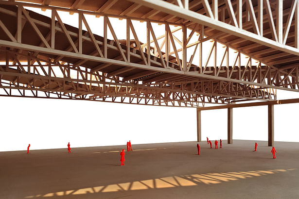 Interior view of architectural model showing the rhombus- shaped skylights and the corresponding beam of light.