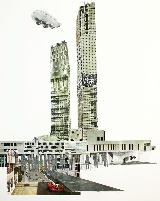 Marshall Brown Projects, 'Dequindre Civic Academy,' 2016. Towards a Coordinate Unit, handmade collage on inkjet print, 40x50 inches. Speculative project spanning Detroit’s Dequindre Cut greenway. Courtesy of the artist. From the 2016 Organizational Grant to Anyone Corporation for 'The Architectural Imagination: US Pavilion, 15th International Architecture Exhibition.'