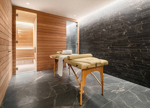 Cellar level spa- custom sauna, steam room and massage area