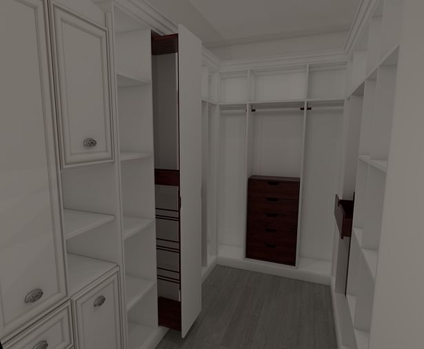 Walk-in closet render. 