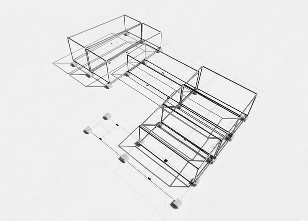 Reconfigurable steel cube frames on 12’ grid modules. The modules will be re-purposed in 10 years for an environmental research center in Rancho Mission Viejo, California.