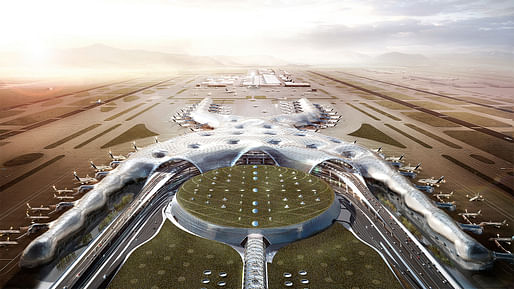 Rendering of the $13 billion (but <a href="https://archinect.com/news/tag/1165174/mexico-city-international-airport">ultimately scrapped</a>) new Mexico City International Airport designed by a conglomerate comprising Foster + Partners, FR-EE, and NACO. Image: Foster + Partners.