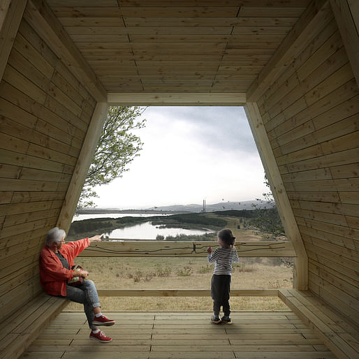 Image from inside the elevated shelter framing the view of the wetland area. Image: Mandaworks