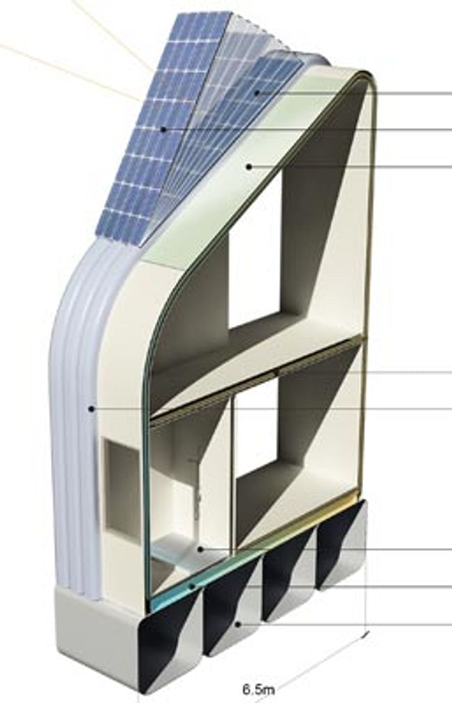 The building prototype design calls for a pneumatic structure on the roof for adjusting the nano-solar photovoltaic panel, a greywater recycling system and water tank, and a hydronic floor heating system, among other features.