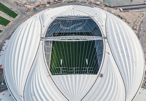 Aerial view of the completed Al Janoub Stadium in Al Wakrah, Qatar. Image courtesy of Zaha Hadid Architects.