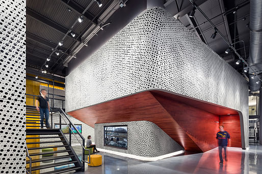 Pratt Institute’s Film/Video Department Building features interior spaces that are wrapped in a perforated metal-panel structure created by Pratt Institute School of Architecture alumnus and faculty member Haresh Lalvani. The work is titled Origins (2014). Photo credit: Alexander Severin RAZUMMEDIA 