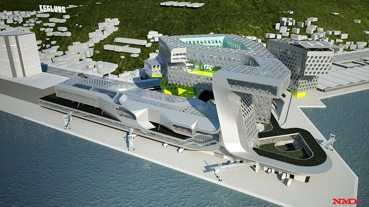 First Prize in the international competition for the New Harbor Service Building in Keelung, Taiwan: aerial view from the Northeast (Image: NMDA)