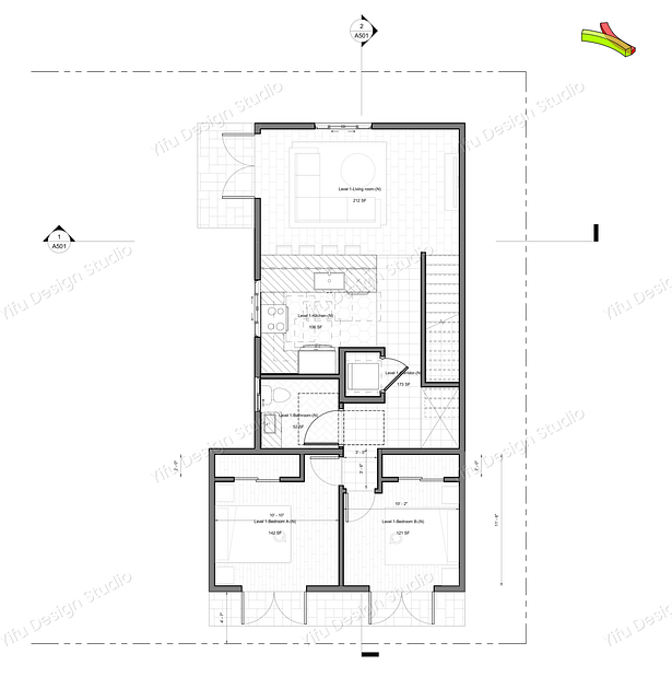 First Level Floor Plan – Detached Accessory Dwelling Unit (ADU)The flor design proposed a two-level configuration similar to Scheme B, but with two additional bedrooms on the bottom level. This design maximized the ADU’s rental potential, allowing for higher occupancy.