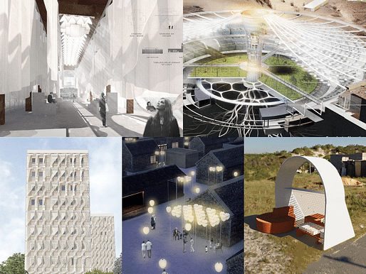Excerpts of winning projects, Daylight in Buildings category, clockwise from left top: 'Spotlight Tree: Self-regulating System in Desert Environment' (Western Europe), “24-HOUR DAYLIGHT: A pavilion that reconnects the city with light” (The Americas), “TIP - Time Indicate Protection”...