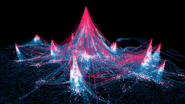Flows of individuals across the Greater Boston area as lines ( visiting frequency as color, number of unique visitors as width) that form spatial clusters of attractive places, with the height of mountains representing location-specific attractiveness. Image: MIT Senseable City Lab