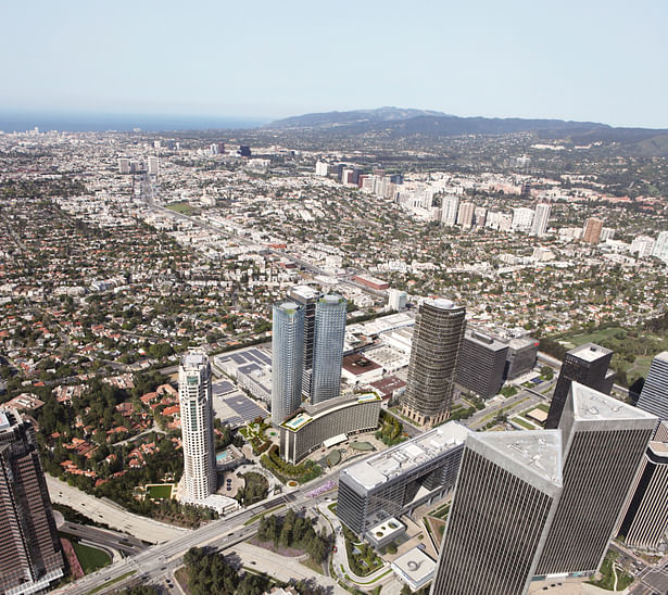 Aerial Site View within context of existing Century Plaza Hotel and Towers by Minoru Yamasaki