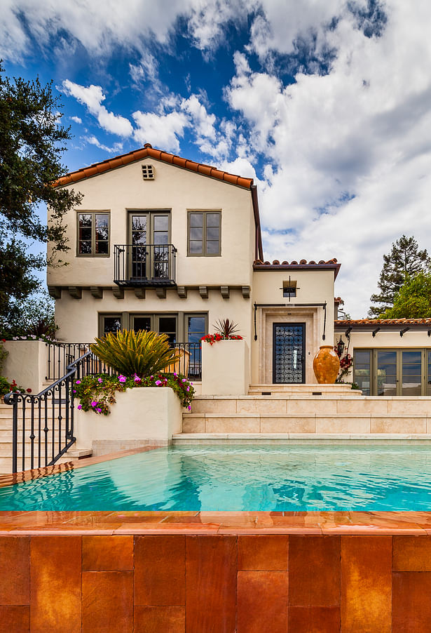 quaint hillside retreat | stunning view property. infinity edge swimming pool design + waterfall fountain. hand crafted iron details | classic santa barbara style. 3388 sf